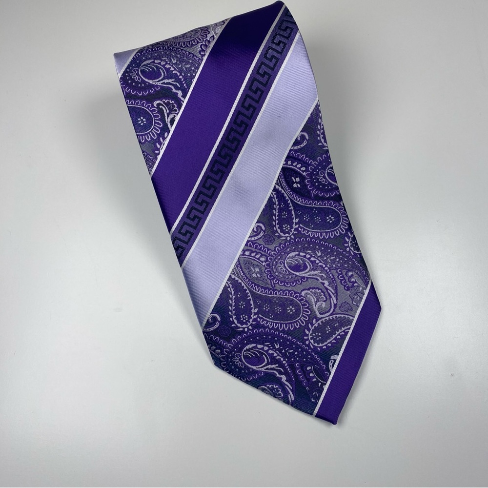 Fratello Purple Silver Stripe Paisley‎ Neck Tie W4" x L59"
